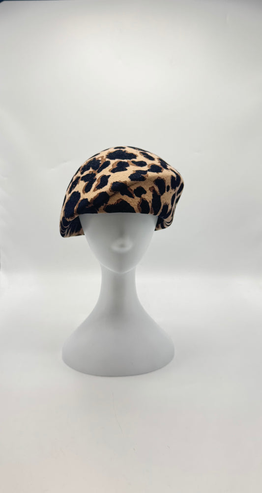 Wool Blocked Leopard Print Beret